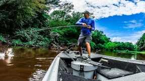 FROG ONLY CHALLENGE On a FLOODED, MUDDY RIVER!! || Jon Boat Bass Fishing