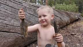 Survival Camping with 4 yr Old - Trapping, Knapping, Friction Fire & Campfire Cooking