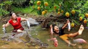 Catch many fish and pick eggfruit at river- Grilled fish spicy chili eating delicious in jungle