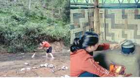 wood stove, clay, catching stream fish, cooking, on the farm