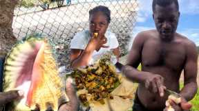 catch clean and cook roast conch with callaloo on  the sea side