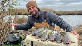 Bank Fishing for CATFISH and Cooking in the WILD (CATCH AND COOK)