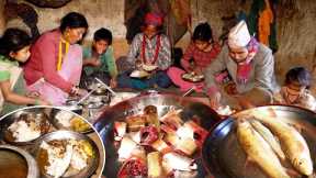 dharme brother's son hunted big fish for curry || fish curry recipe in village ||