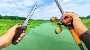 Fishing a Toxic Swamp.. Eating Whatever I Catch (Catch and Cook)